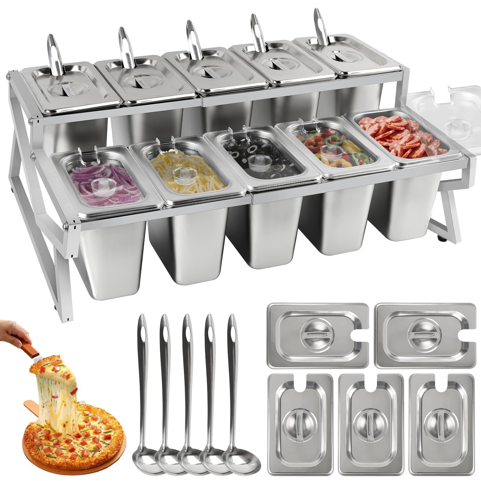 TOROKOM 10 Pans Pizza Topping Storage Station, 2 Row Adjustable Stainless Steel Condiment Containers with Lids Spoons Ice Food Serving Display Container Salad Bar Buffet Station for Home Kitchen