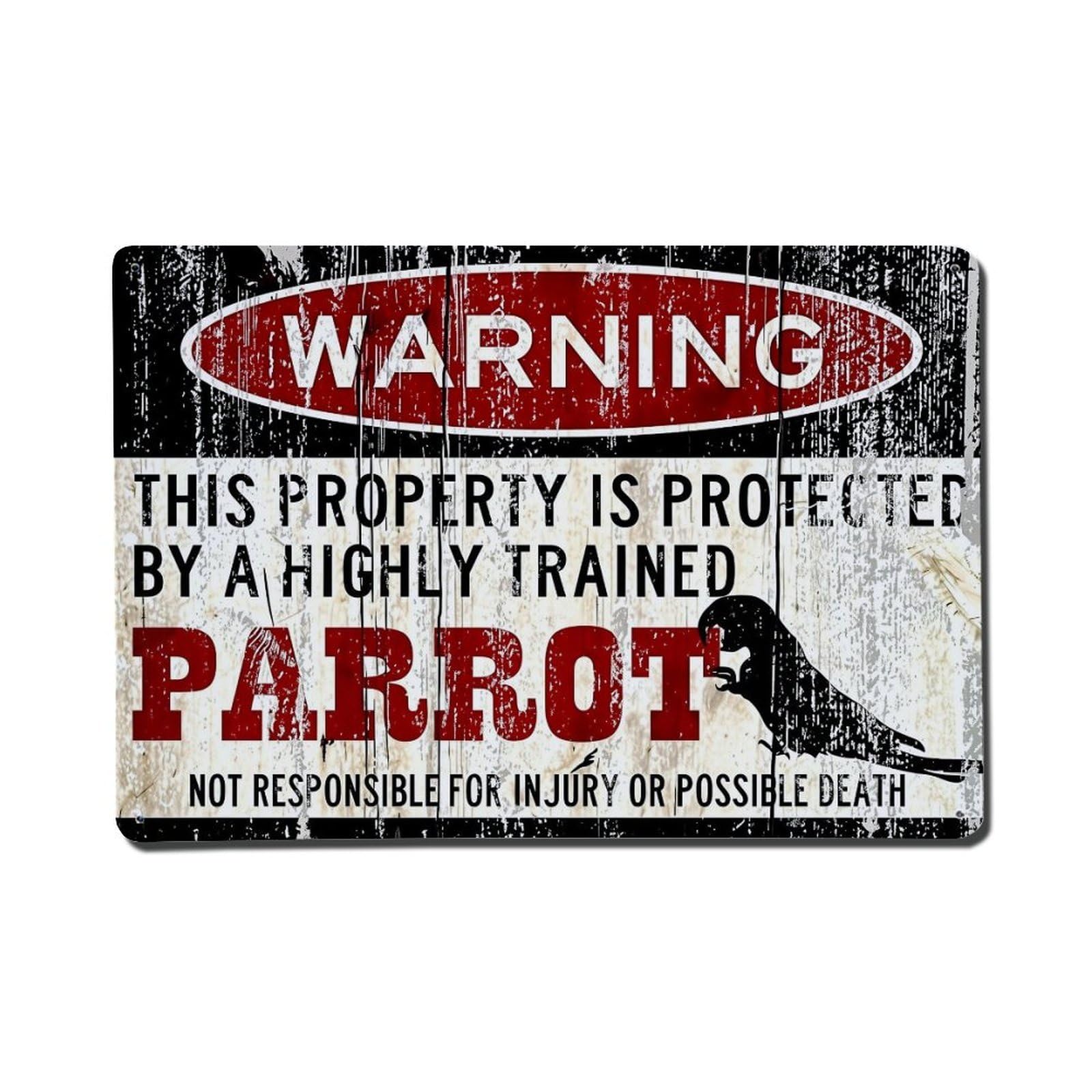 Warning Sign Parrot Protection Humor Tin Sign Metal Poster Vintage Metal Signs for Home Man Cave Bar Cafe Kitchen laundry room Wall Decorations Gift 8x12Inch