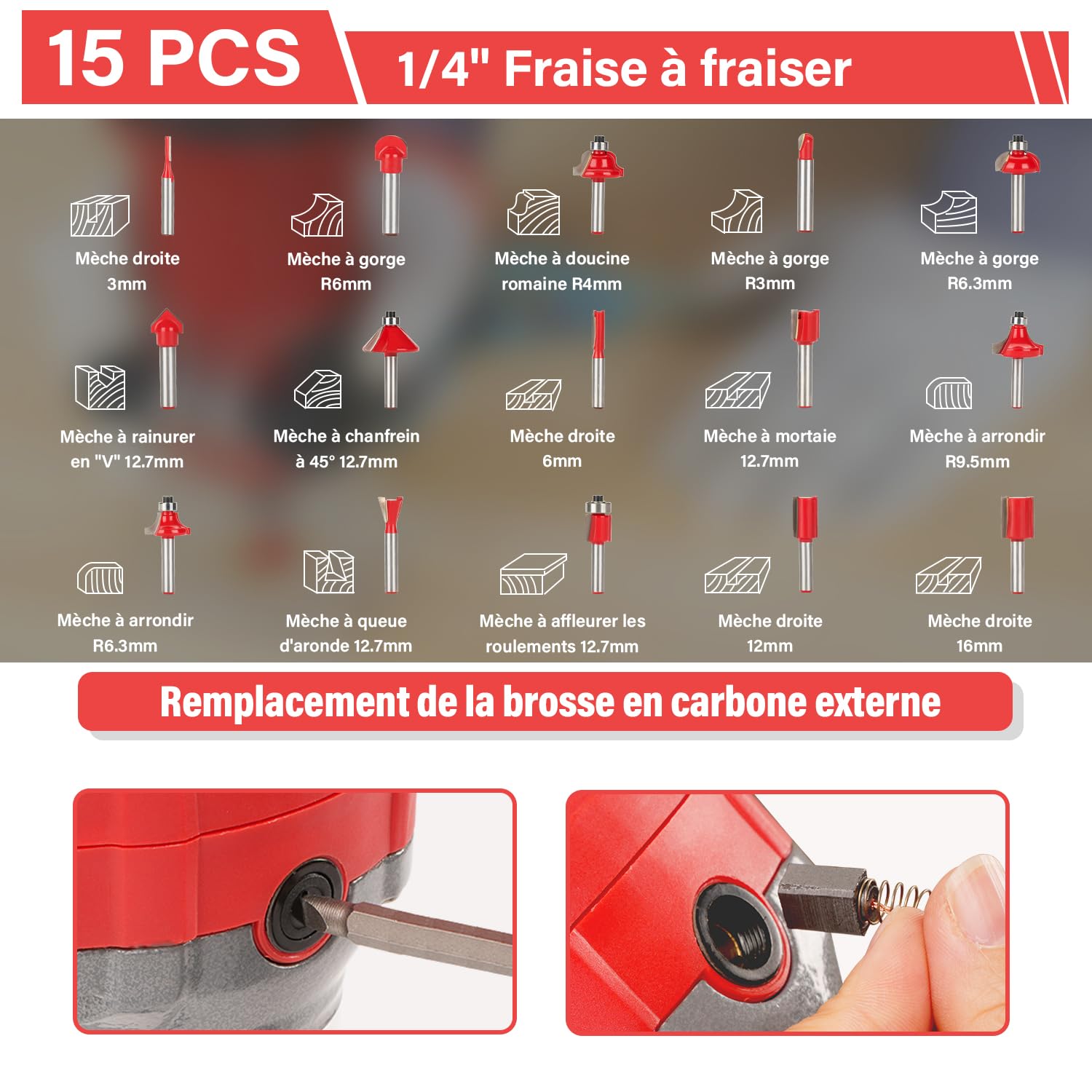 TEENO à Bois Défonceuse Affleureuse électrique 800W, Affleureuse à Bois Défonceuse 13000-33000RPM,15 Fraises à Défoncer Queue de 1/4",6 Vitesses Variables,3 Pinces de 6/6.35/8mm,Boite en Plastique