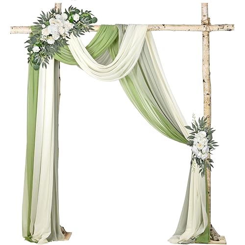 DearHouse 3 Panel Wedding Arch Draping Fabric,29.5" x18Ft Pearl Fabric Drapes for Wedding Sheer Backdrop Decor (Beige+Light Green+Dark Green)