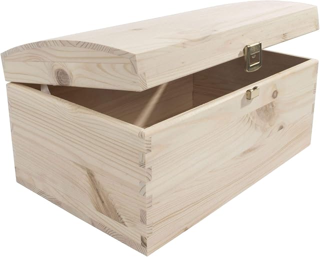 Wooden Treasure Chest Box | 29 x 19 x 14.5 cm | Memory Keepsake Trinket Jewellery Storage Case | Unpainted Decorative Plain Pine