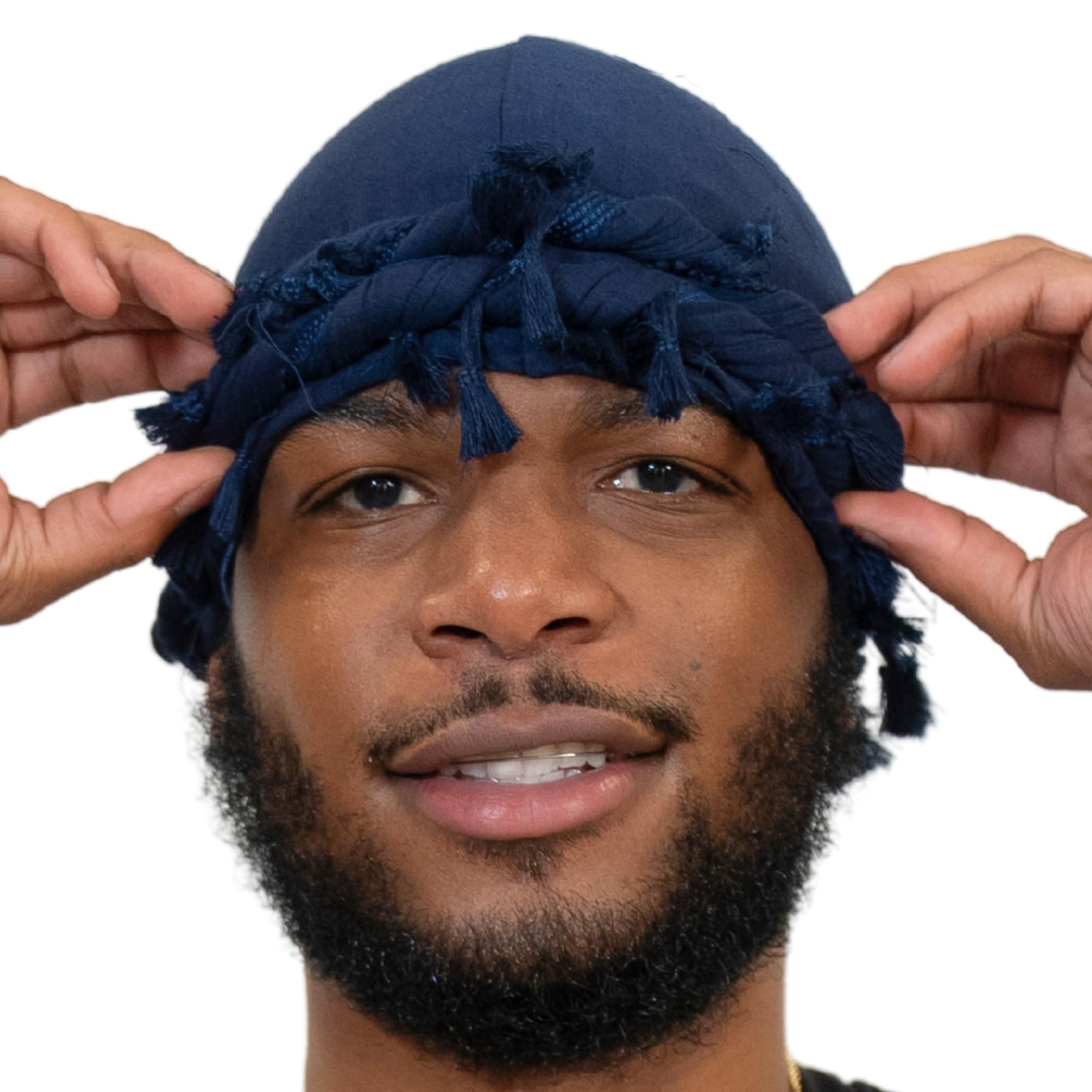 Superior Halo Turban Silk Satin Lined Head Wrap, Pre-Tied Tassel Turban for Men & Women, Turban Durag Wave Cap (Navy)