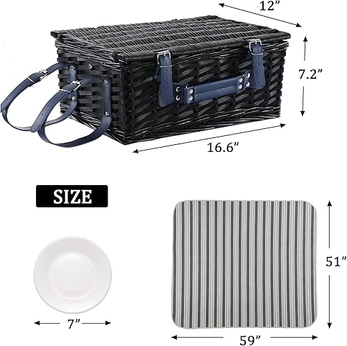 Miniatura 3 de HYBDAMAI Cesta de picnic de mimbre para 4 personas con manta de picnic impermeable y enfriador aislante, cesta de sauce para camping, al aire libre,