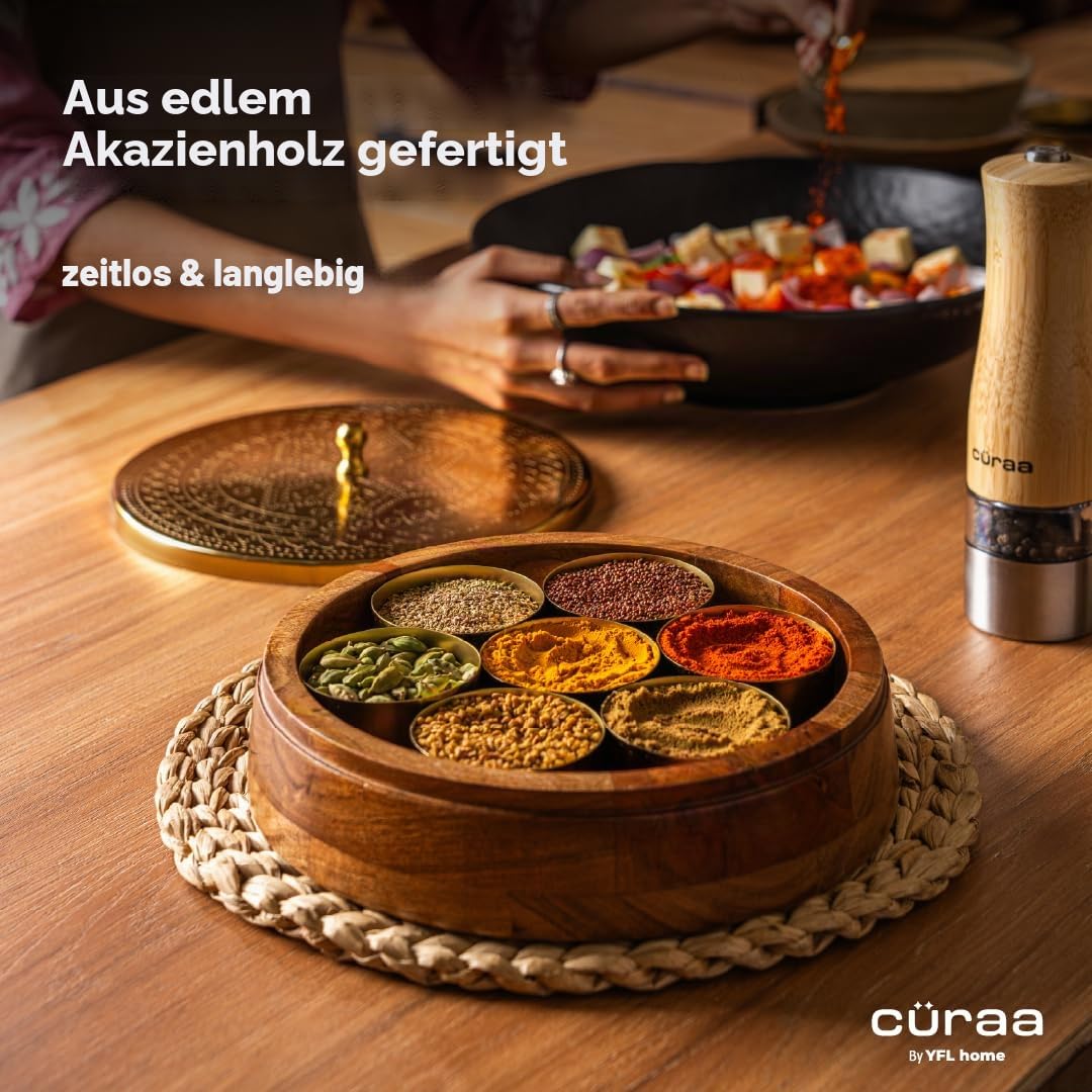 CÜRAA YFL Home Gewürzbox für Küche mit Löffel (Akazienholz, 7 herausnehmbare Behälter, 120ml) | Masala Box für Küche | Gewürzaufbewahrungsbox | Stilvolle Masala Dani für Geschenk