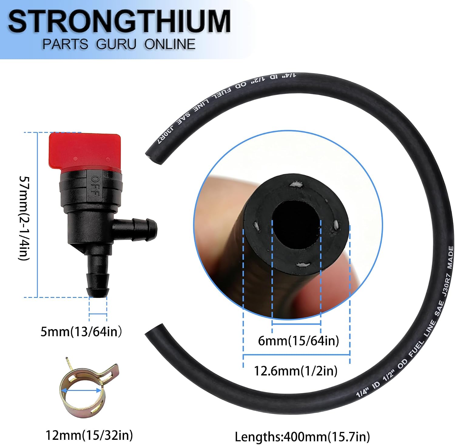 Strongthium 30705 1/4 inch ID Gas Fuel Line Hose 15" + Fuel Clamp + Fuel Shut Off Valve Compatible with Briggs Stratton