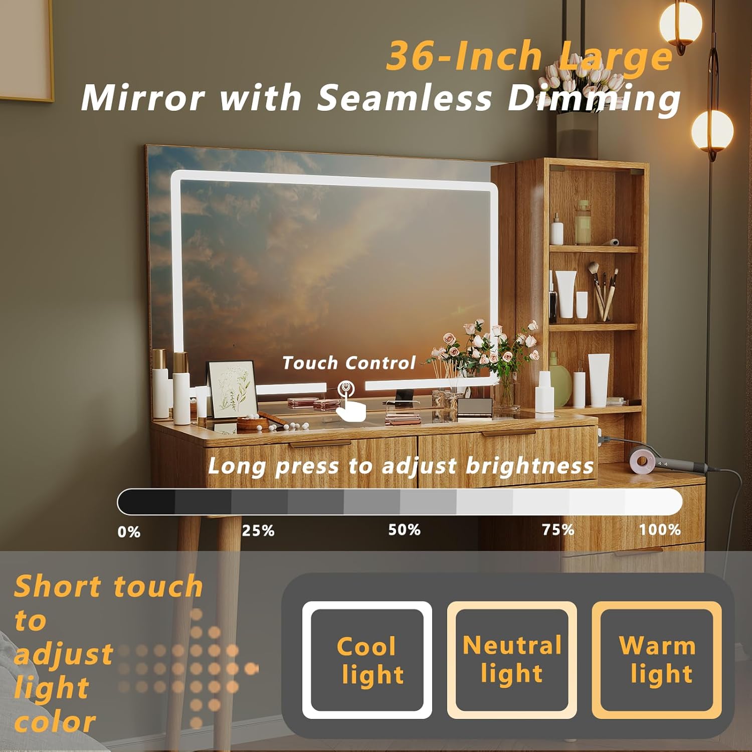 Fluted Vanity Desk with 36" LED Mirror, 48" Modern Makeup Table with Charging Station, Glass Door Display Cabinet & Tempered Glass Top, 5 Drawers and 3-Tier Shelves for Bedroom (Natural Oak)