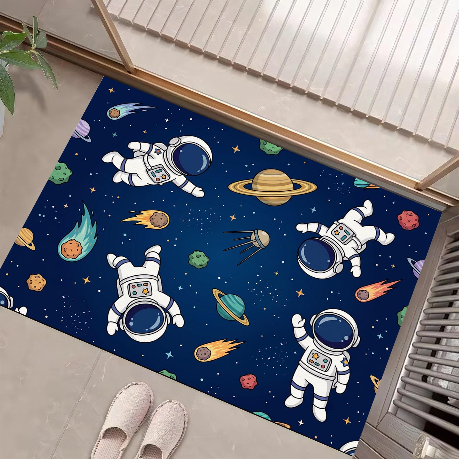 Felpudo Entrada Casa, 80x120cm Alfombra de Puerta Meteorito Astronauta Tapetes de Interior Espacio De Dibujos Animados Antideslizante para Decorativo Dormitorios y Zonas Entrada Cuartos, Azul Marino