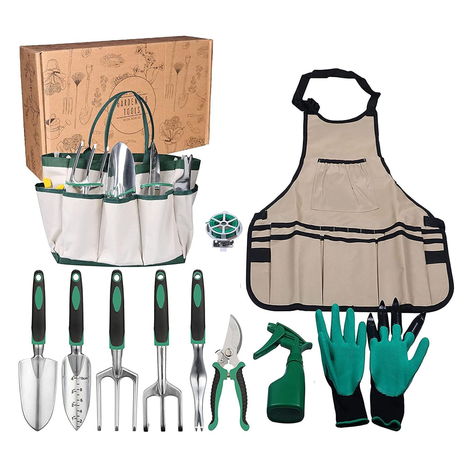 HIKKY Garden Tools Set, 11 Pcs Gardening Hand Tool Set, Gardening Hand Tool Work Kit with Gloves Apron and Storage Bag, Stainless Steel Pruning Shear Planting Tool Kit for Men Women Gardener