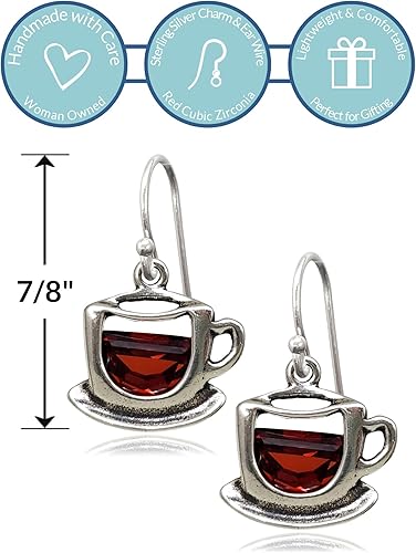 Miniatura 2 de EnCharmed Sterling Silver Coffee Cup Charm Earrings with Red Cubic Zirconia, Barista Caffeine Lover Pendant Jewelry