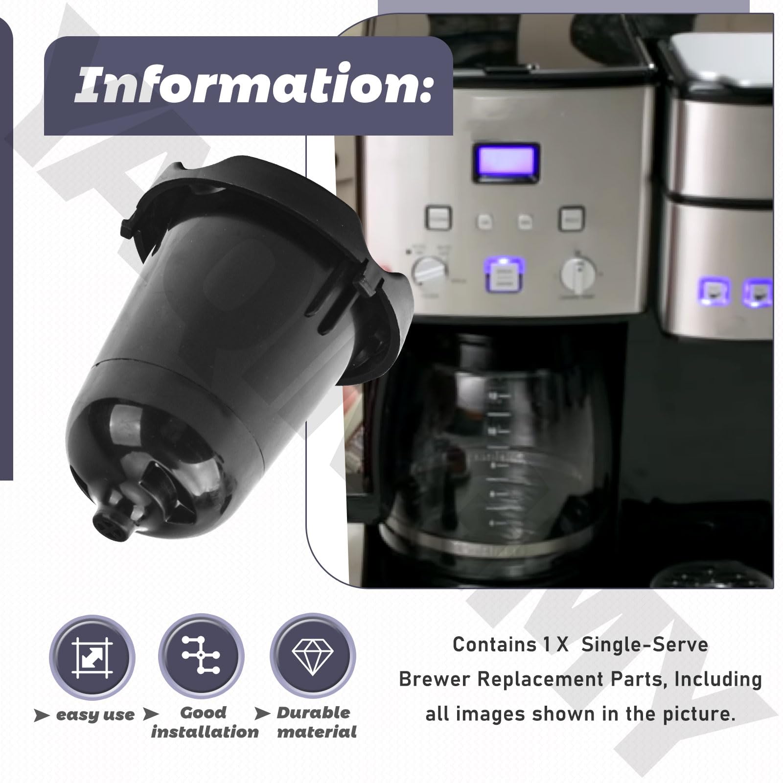 SS-15P1 - Cafetera de acero inoxidable de 12 tazas y piezas de repuesto para cafetera de una sola porción compatible con soporte de cápsulas Cuisi-nart SS-15CH