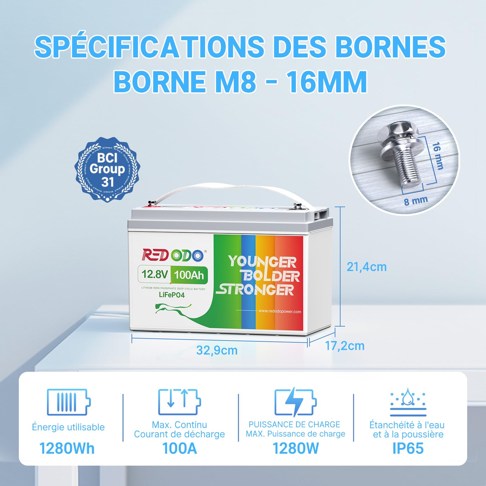 Redodo Batterie Lithium 12V 100Ah + Chargeur Batterie 12V 10A Énergie 1280Wh BMS 100A 10 Heures pour Une Charge Complète pour Camping-Car Bateau Système Solaire Hors Réseau