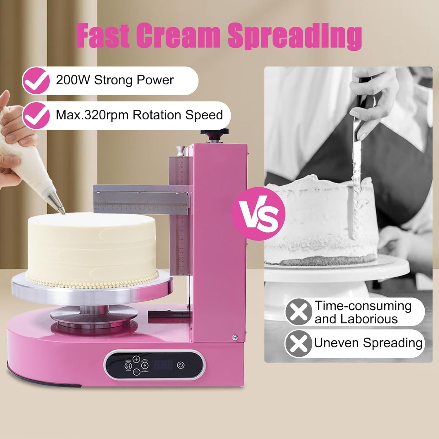 Cake Decorating Machine, 110-220V 200W Cake Icing Cream Spreading Machine 4-12inches Tabletop Cake Cream Spreading Machine with LCD Display for Households, Cake Shops, Dessert Shops (Pink)