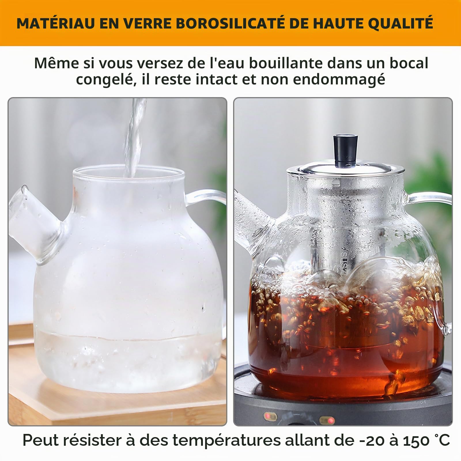 Théière en verre de 1,8 L avec infuseur et chauffe-plat, théière en verre avec infuseur en acier inoxydable et sous-verre de maintien au chaud, théière résistante à la chaleur pour thé en vrac et