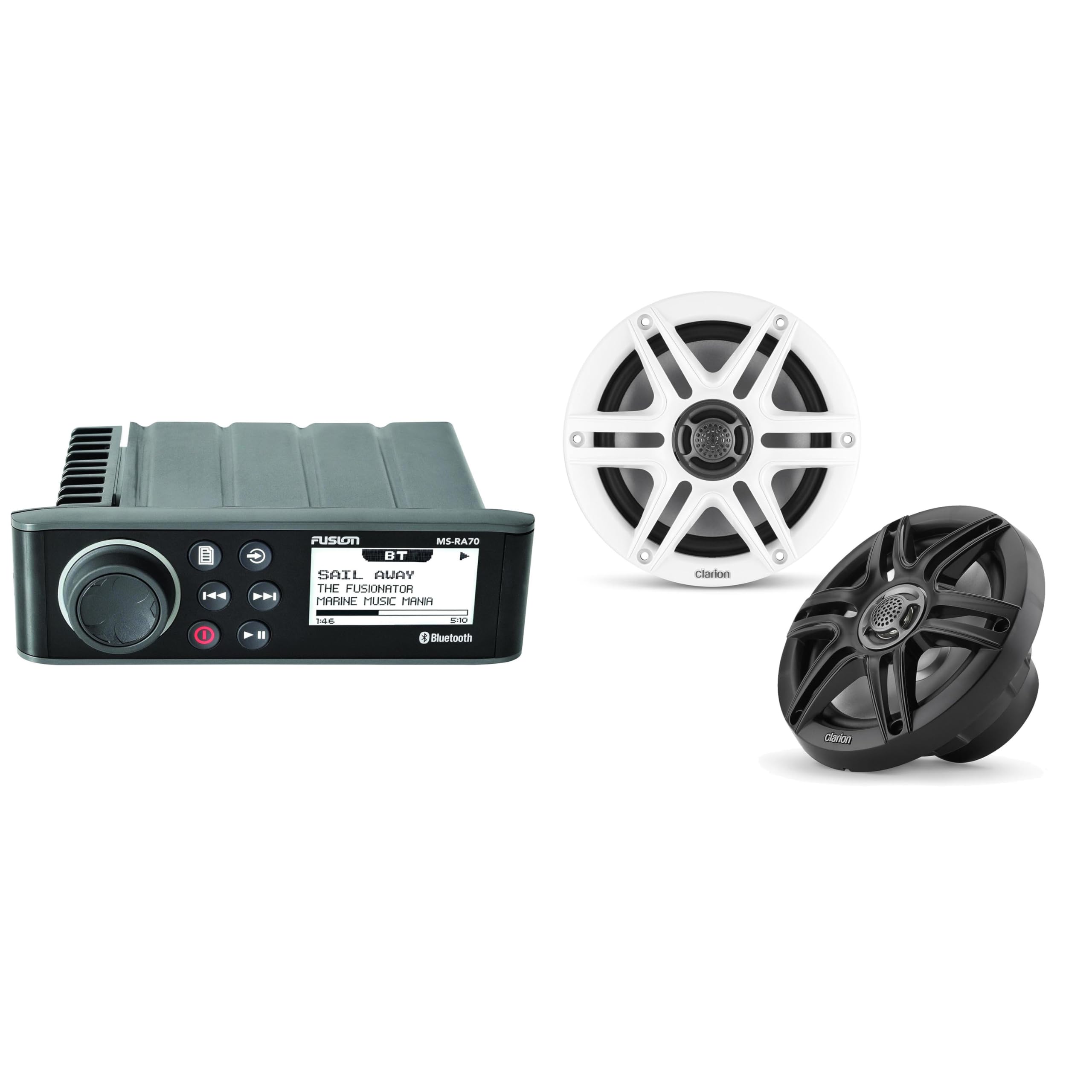 Fusion MS-RA70 Source Unit w/Clarion CMS-651-SWB 6.5-inch Coaxial Marine Speakers (Includes White & Black Sport Grilles)