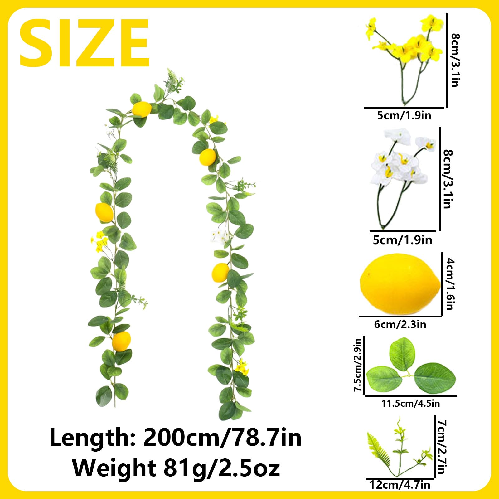 Sztuczna girlanda cytrynowa 200 cm – realistyczna girlanda z owocami z żółtymi cytrynami i zielonymi liśćmi – dekoracja na drzwi, ścianę, wesele, imprezę, wiosnę i lato (cytryna, zielona)