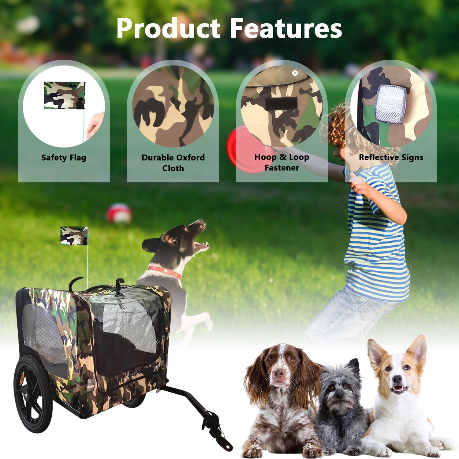 Dog Bike Trailer - Dog Trailer for Bicycle, Cargo Cycle Trailers Wagon Cart Pet Bike Carrier w/ 3 Doors, Aluminum Wheels, Safety Flag, Easy to Connect&Disconnect, Collapsible to Store
