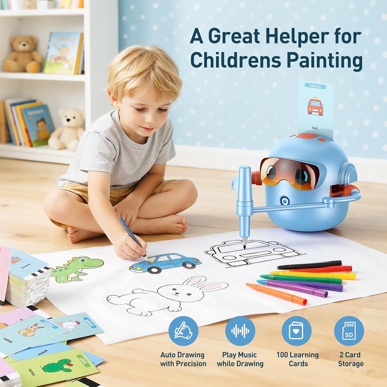 Smart Drawing Robot for Kids, Voice Interactive Magic Drawing Robot with 100 Cards,10 Colorful/10 Black Pens/2 Card Storage Box /2 Clips,Montessori Painting Toys for 3 -9 Years Old Boys Girls (Blue)