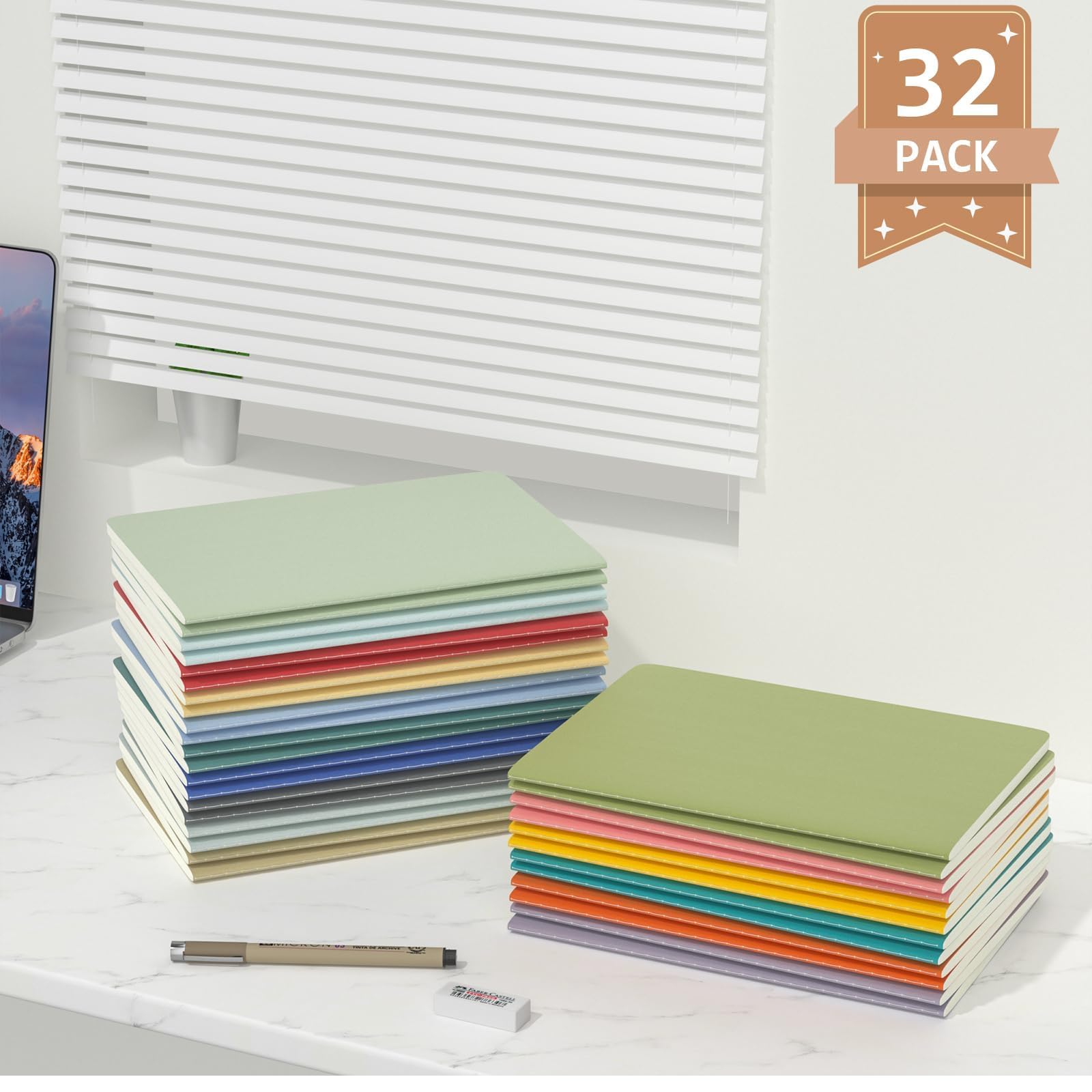 Tagebuch-Notizbücher, A5, liniert, 32 Stück, liniert, kleine Kraft-Notizbücher, Großpackung, 21,6 x 14,9 cm, 16 Farben, Kompositions-Notizbücher, Schreibtagebuch, Schulbedarf für Schule, Arbeit und