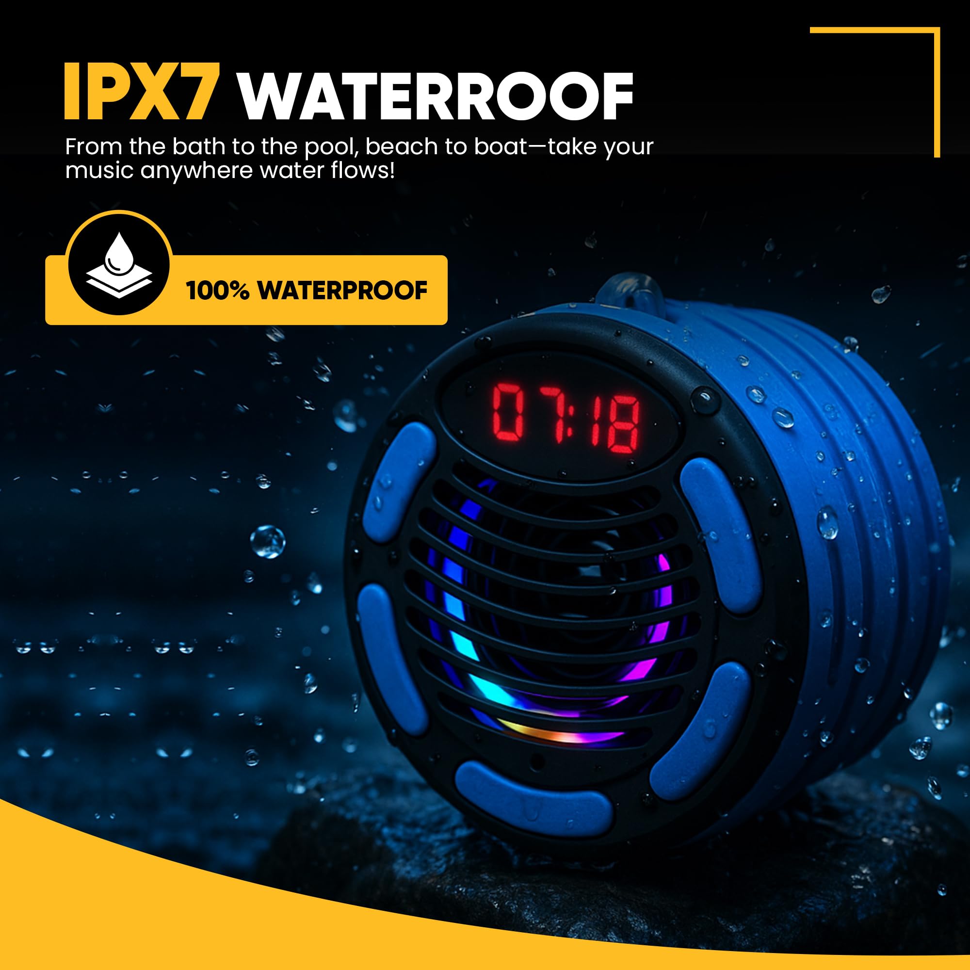 Altoparlante Bluetooth portatile impermeabile con aspirazione, moschettone, supporto per bici, cavo da 2 m, luci LED, TWS, orologio Digi, IP67, 12 ore di riproduzione, suono stereo, doccia