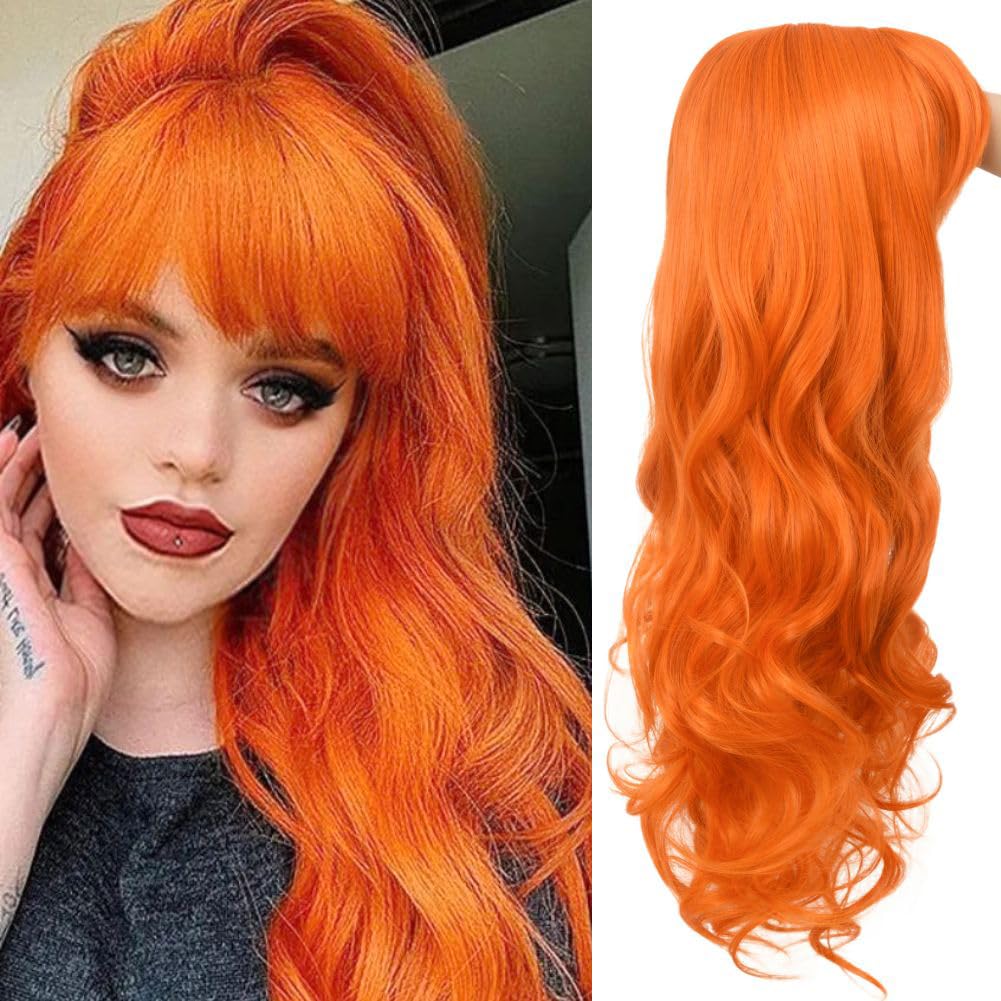 Siudus Orange Lang Lockig Perücke mit Pony Damen Ingwer Cosplay Wellig Synthetische Haar Perücke Halloween Party Perücken