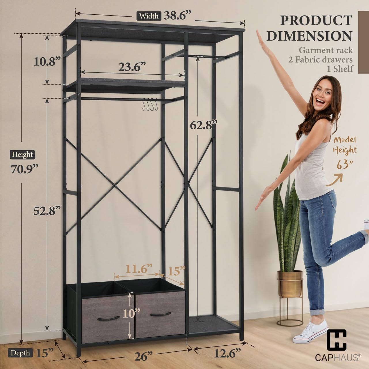 CAPHAUS 550lbs Capacity Garment Rack for Hanging Clothes, Heavy Duty Metal Open Wardrobe w/Hanging Rods & Drawers, Free Standing Closet Organizer, Metal Closet w/Wooden Boards, Black Vintage Board