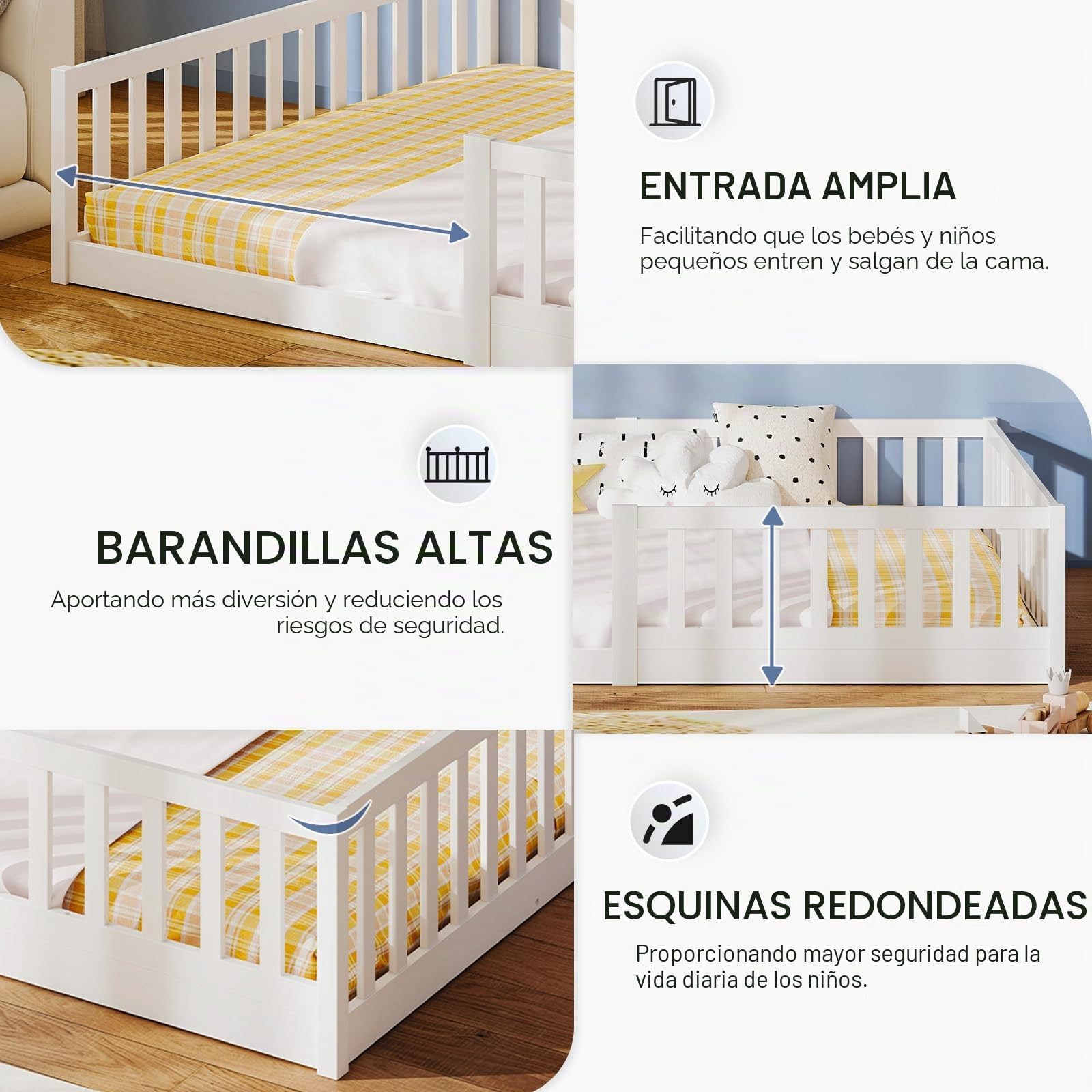 labebe Cama baja para niños 140 x 200, cama Montessori de madera maciza blanca con barandillas de seguridad y somier (colchón no incluido) Adecuada para niños y bebés