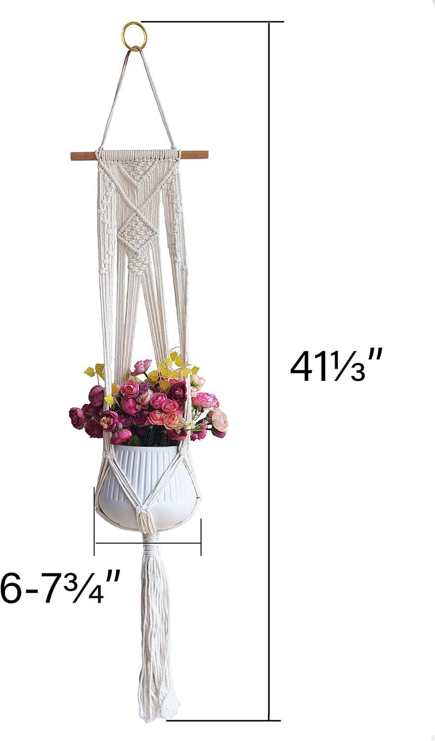 Macrame Plant Hangers 4-Pack Handmade Cotton Natural Jute Plant Pot Holders, Wall Décor Boho Style Home Décor with Hanging Hooks