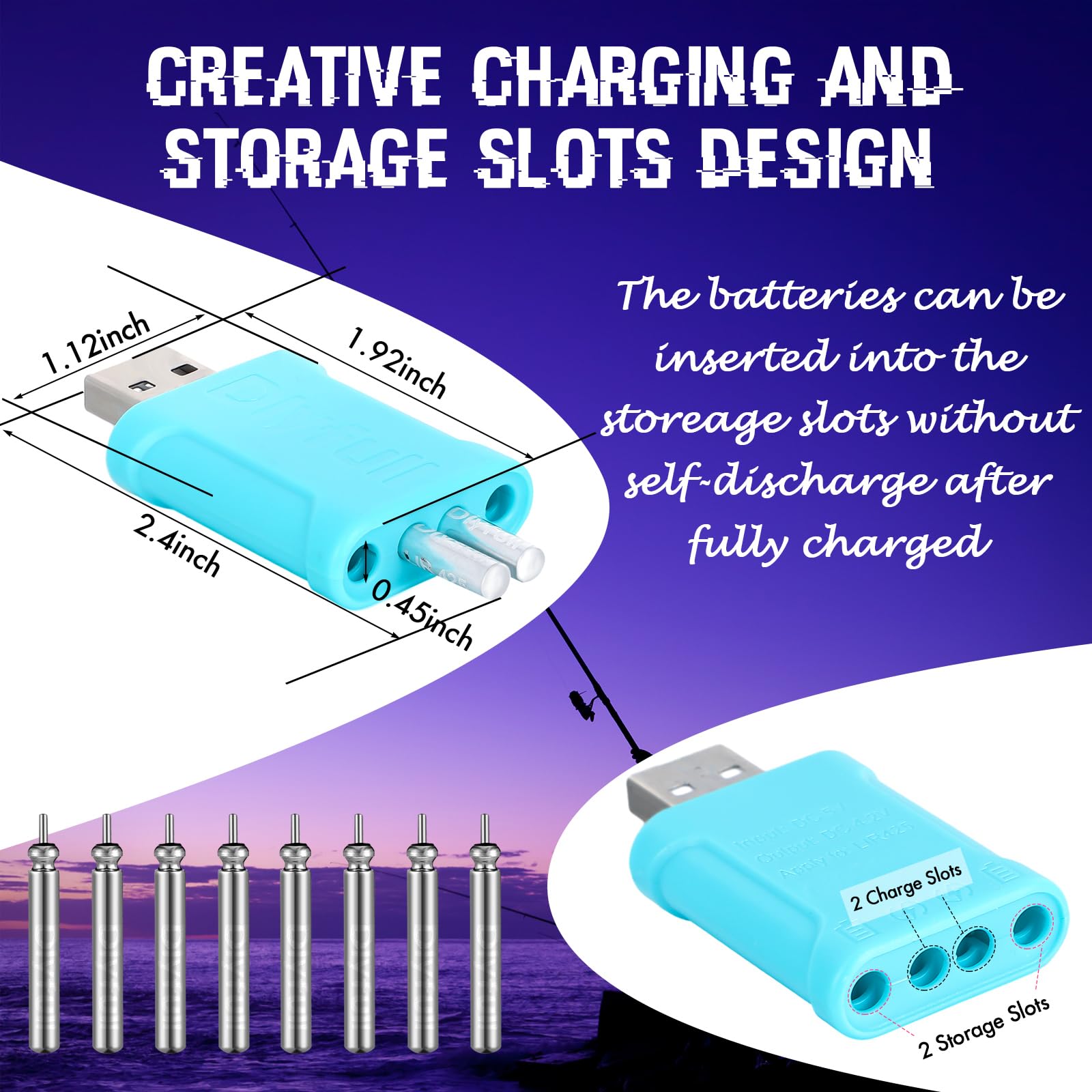 Glooglitter 6 Pcs Fishing Glow Sticks LED Fishing Pole Light Night Fish Alert Glow Stick with 8 Pcs Rechargeable CR425 Battery and Battery Charger(Green Light,Fashion Style)
