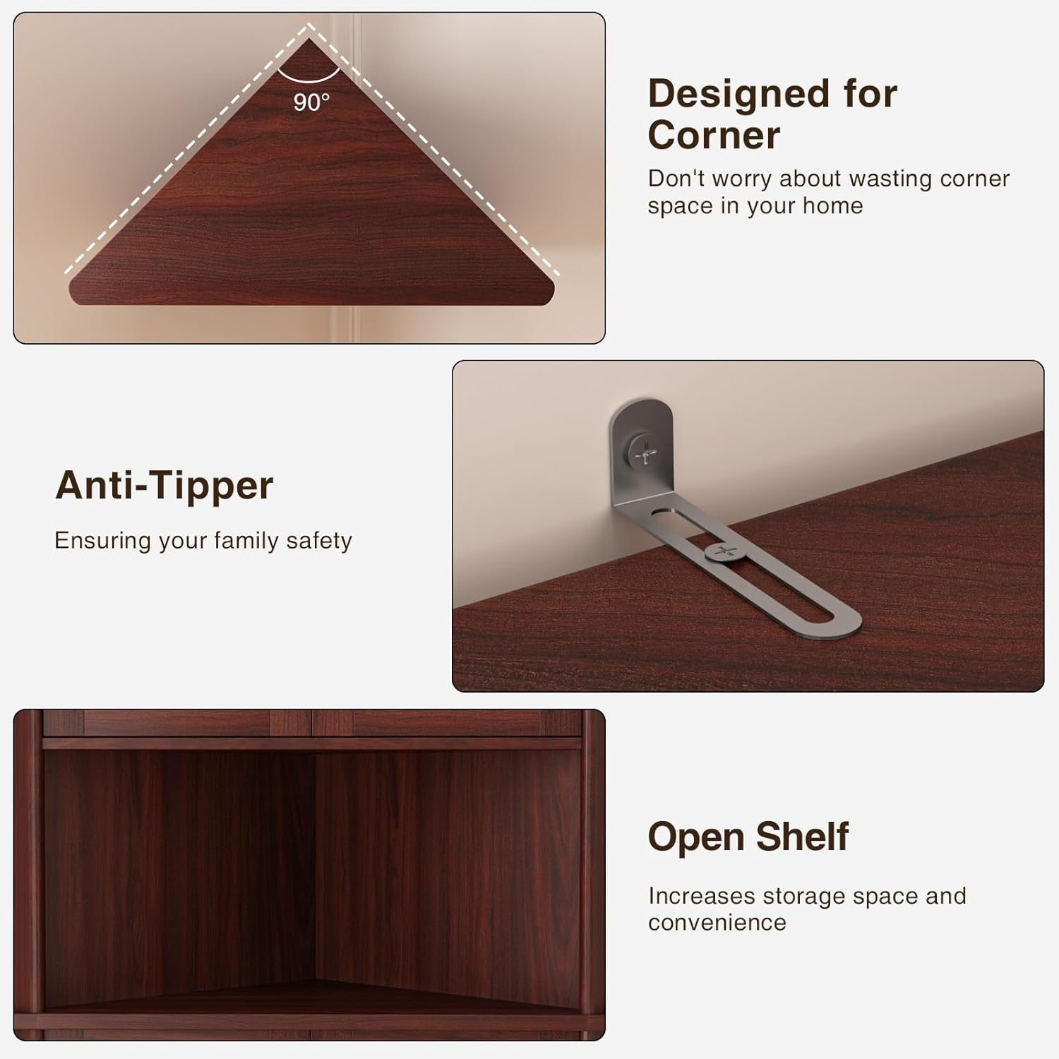 Image showing the corner design of the cabinet, an anti-tipper device attached to the wall, and an open shelf section.