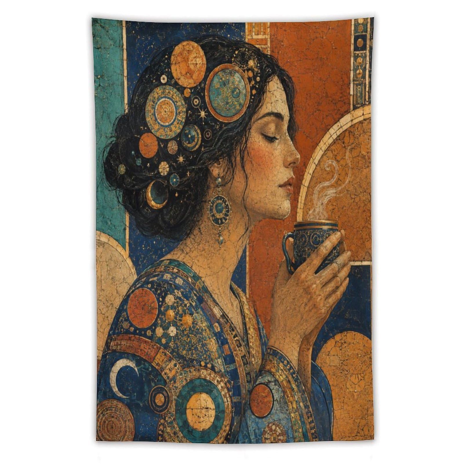 H3B8U2Y5 Elegant Woman with Teacup Wall Tapestry, Mosaic, Living Room