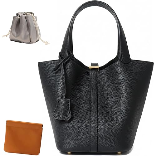 Genuine Leather Lock Design Bucket Bag Vegetable Basket, Fashionable and Versatile Satchel Handbag