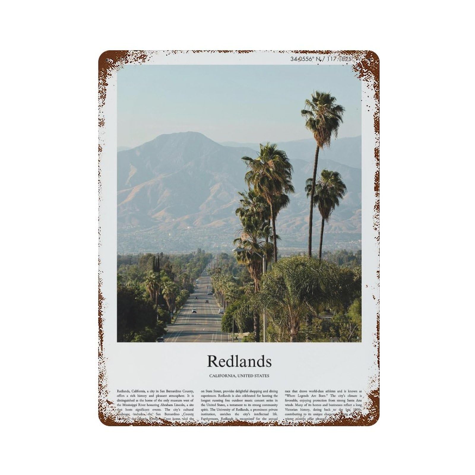 xiaoxiaoshen Redlands California, United States, USA City Scenery Wall Decor Art Metal Tin Poster Modern Home Decor Art Home Bar Shop Decorations Vintage Sign 40x30cm