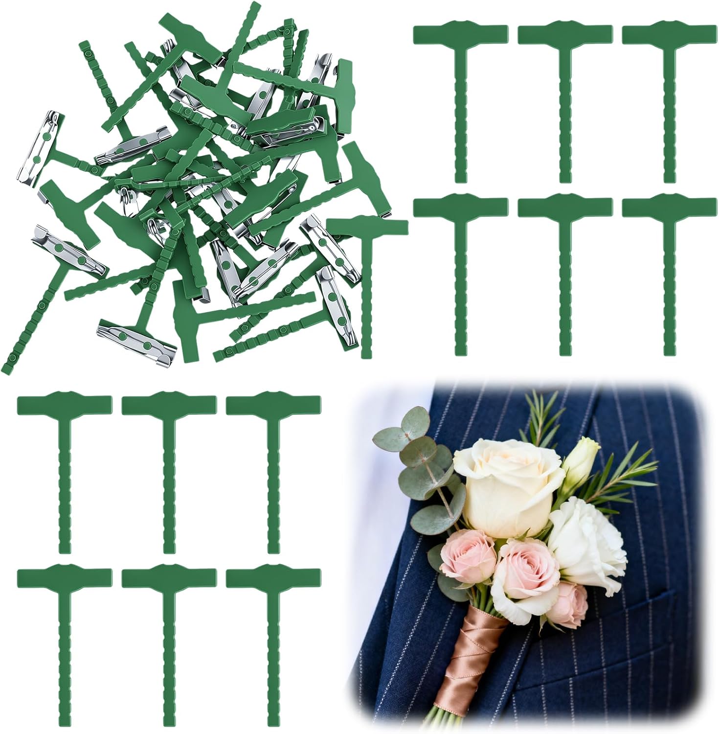 T-Shaped Boutonniere Pins for Men, 30 Pcs Plastic Corsage Pin Kit for DIY Wedding Accessories Small Safety Pin Boutonniere Clips Corsage Supplies for Bride Groom Wedding Decoration (Green)