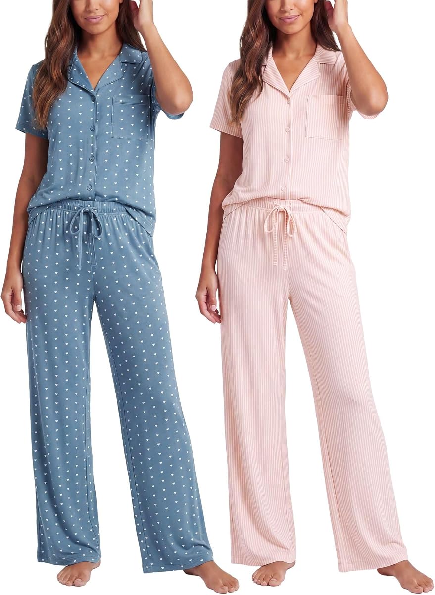 Paquete de 2 Real Essentials: Conjunto de pijama con botones para mujer, manga corta, cuello con muesca, pijama para dormir, pantalones con parte inferior abierta y botones