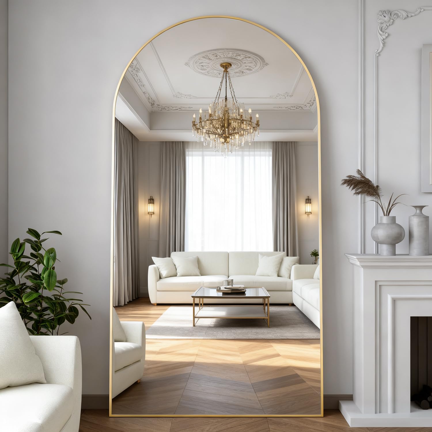 Elemango 198x96cm Arched Floor Full Length Mirror Full Body Wall Mirror with Aluminum Frame Arched-Top Full Dressing Mirrors Standing Hanging or Leaning for Bedroom Living Room, Gold