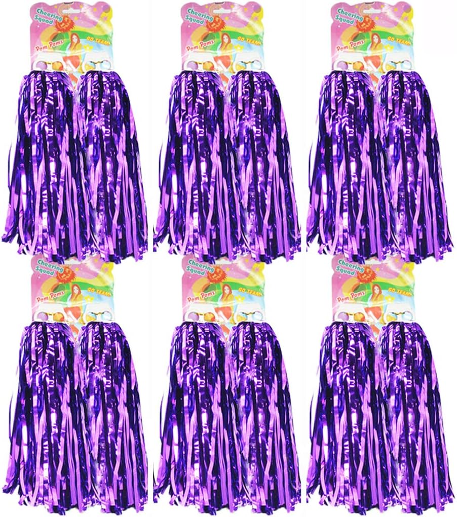 hatisan 12 Pack Cheerleading Pom Poms, Cheerleader Pompoms Metallic Foil Pom Poms for Sports Team Spirit Cheering Party Dance Useful Accessories