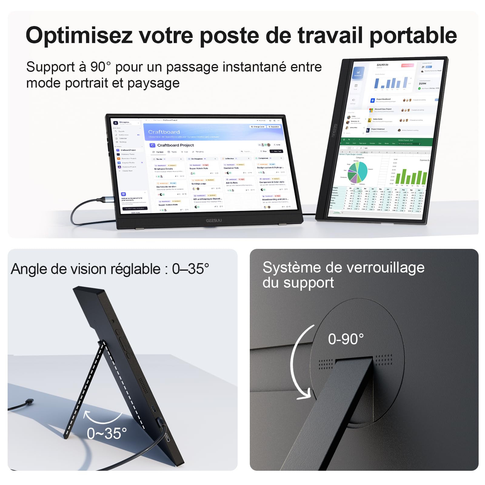 Ecran Portable 15,6" FHD IPS HDR Moniteur PC Screen avec Béquille | 1080P avec Haut-parleurs USB-C HDMI pour Ordinateur Portable/PC/Mac, Deuxième Écran pour Teletravail/Nomade Digital/Gamer