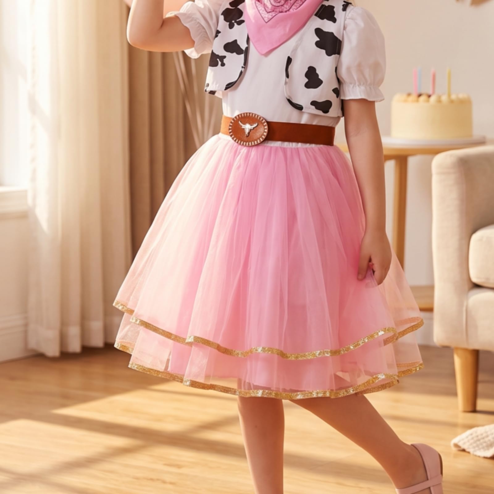TISHITA Children Costume Dress Abito Costume Bambina Vestito Western Cappello Cintura Fazzoletto Tulle a Strati Corpino Sagomato Svasato Morbido Traspirante