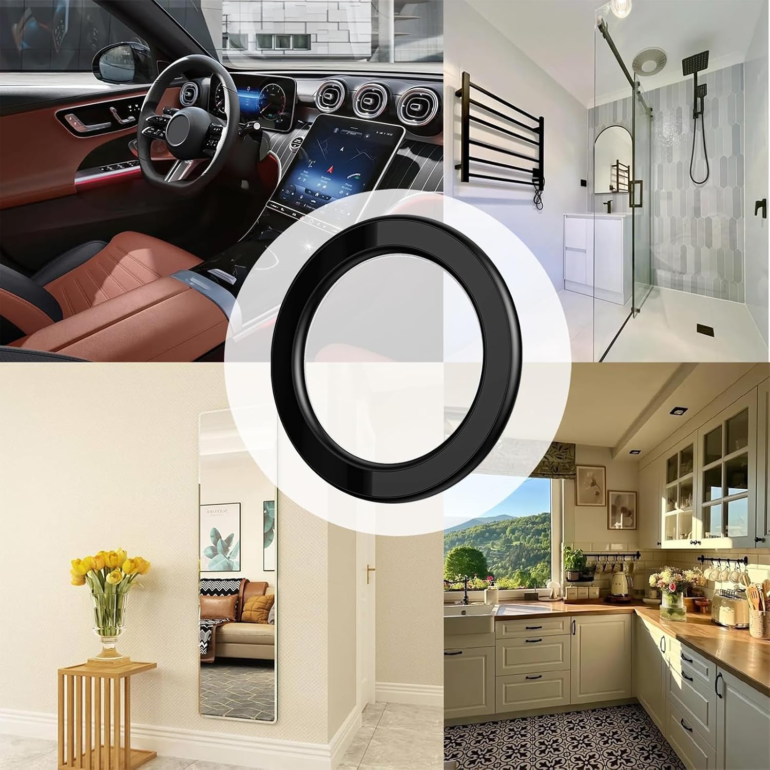 TENOC Magnetic Wall Mount, Magnet Ring Phone Holder, Hands-Free Mirror Shower Car Magnet Stand for All Cellphones, Black