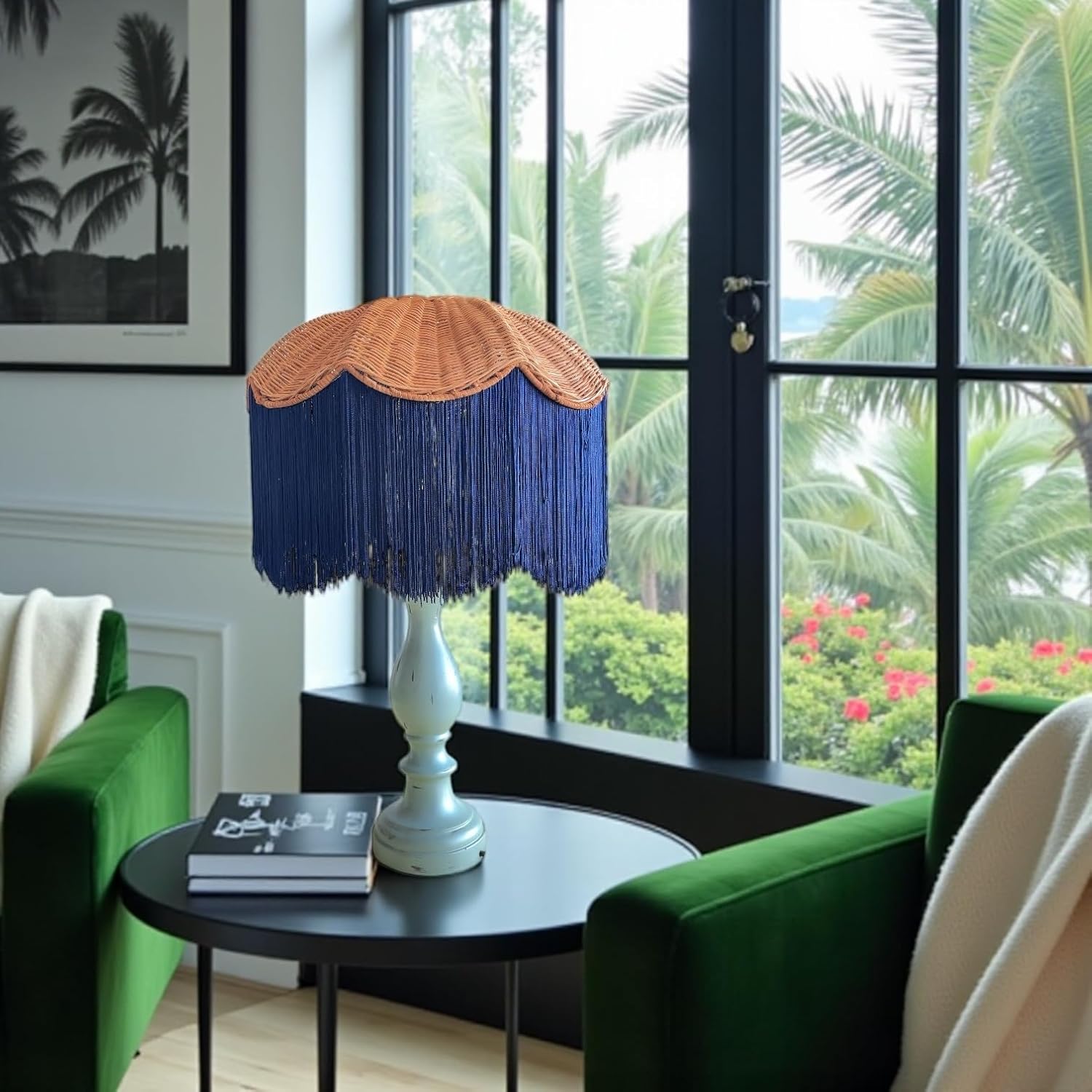 Tristan Home Rattan Lamp Shade with Fringe Trim – Boho Lamp Shade, Large Spider Fitting, Handmade Woven Top (Dark Blue)
