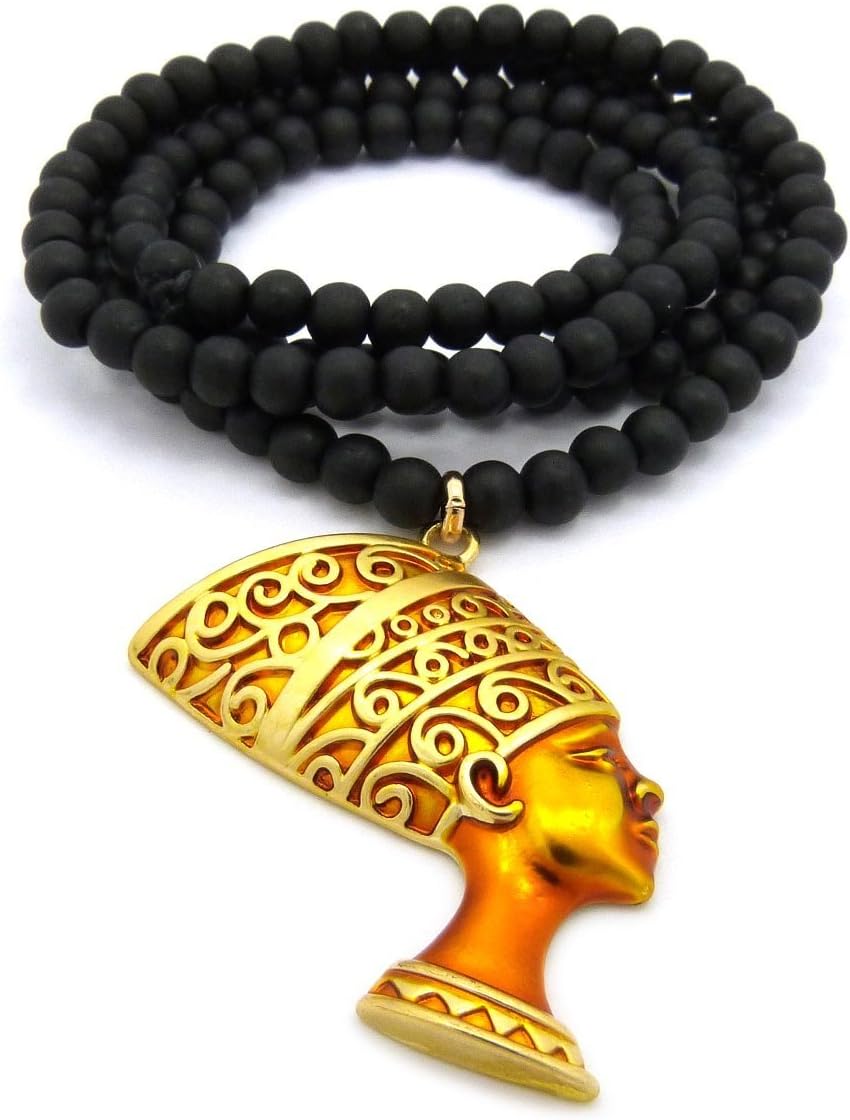 Fashion 21 Egyptian Queen Nefertiti Pendant 6mm 30 inches Wooden Bead Necklace Gold Tone 2 Colors Available