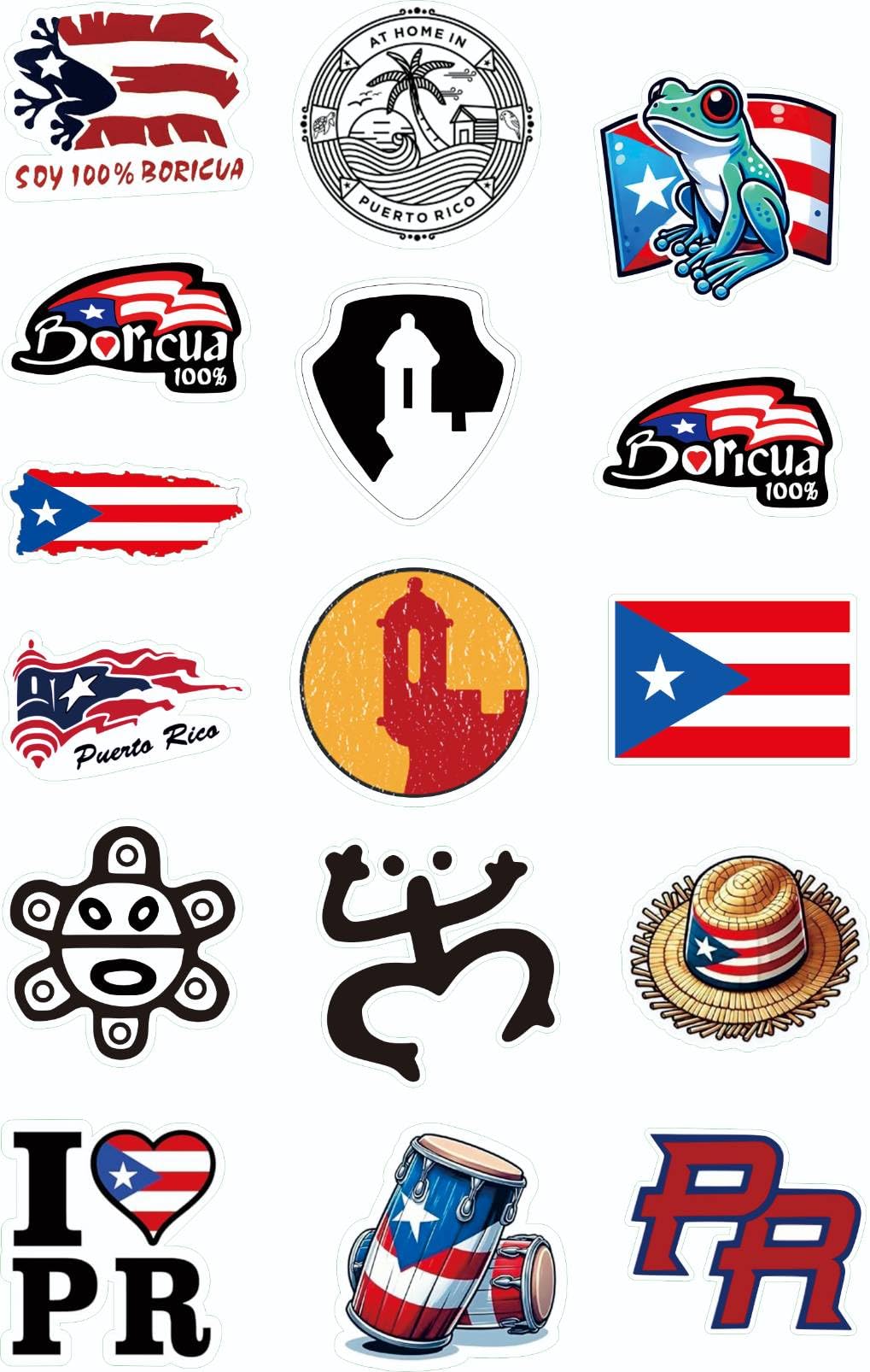 The Original Puerto Rico Sticker Decal Set - Waterproof Vinyl - Puerto Rico Hard Hat Sticker, Boricua, Coqui, El Morro, Puerto Rican, Car Bumper, Window, Laptop, Water Bottle (16pcs)
