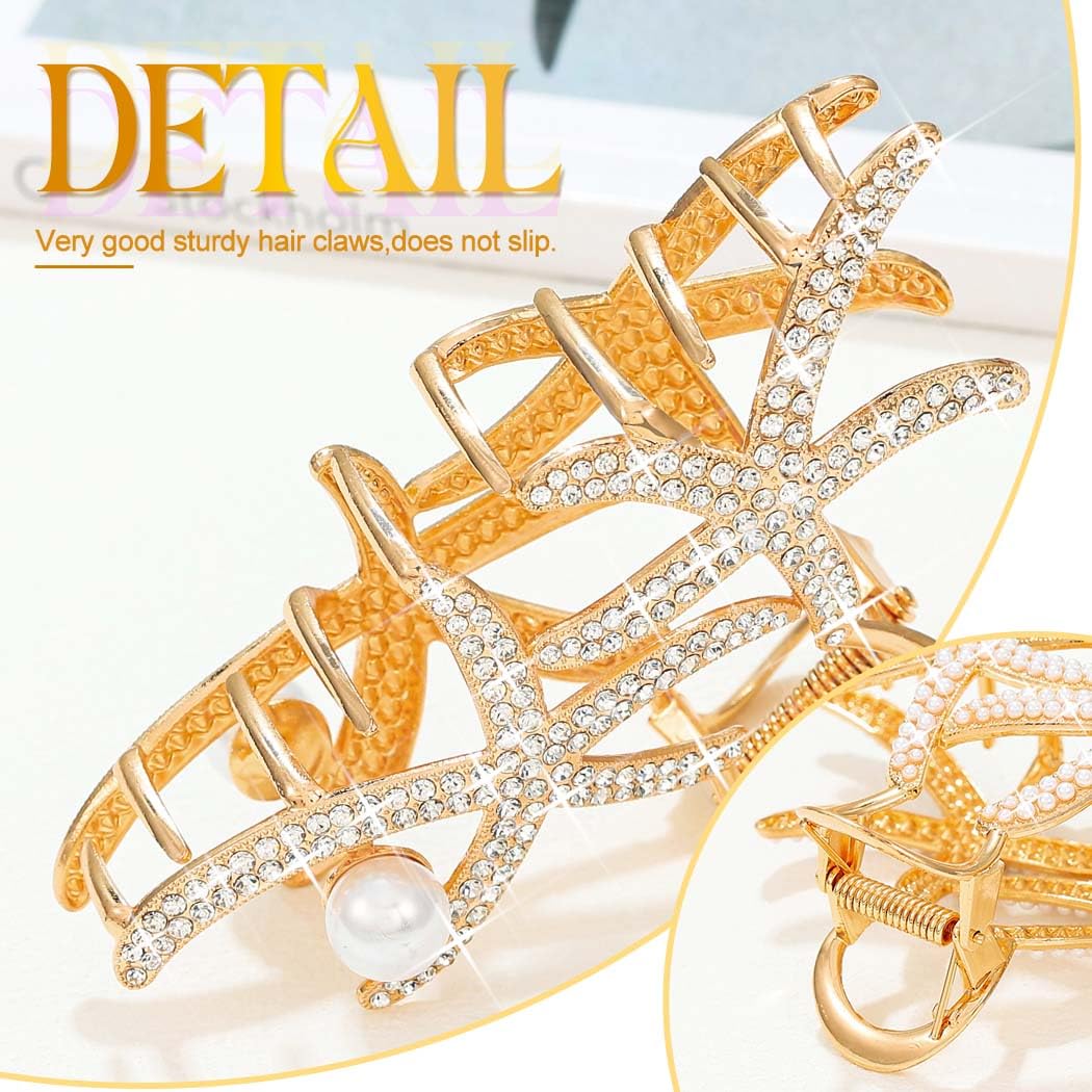 Reaky Starfish Claw Clip Mermaid Hair Clips Rhinestone Hair Claws for Women Beach Hair Accessories, Gold, 1 count (Pack of 2) - Image 4