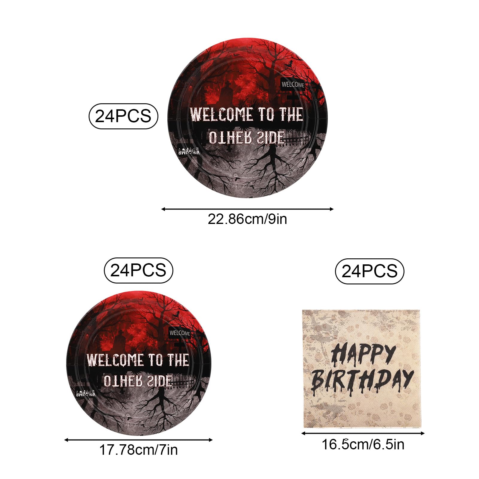 SAVITA 48 Piatti E 24 Tovaglioli Per Feste A Tema Spettrale – 2 Misure, Design 'Welcome To The Other Side'