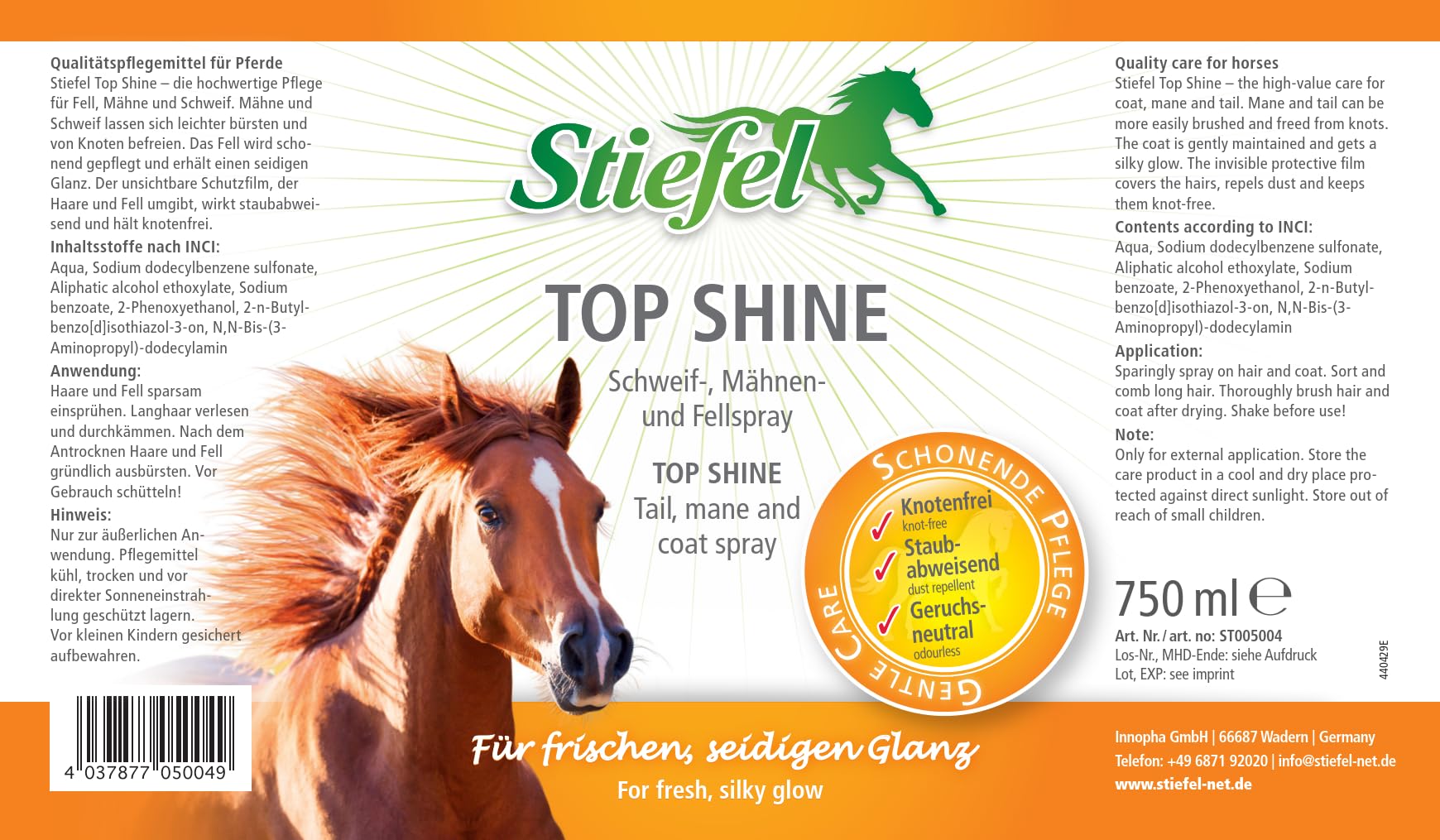 Stiefel Top Shine fr Pferde  Fell-, Mhnen- & Schweifspray fr seidigen  Glanz, verhindert Knoten, unsichtbarer Schutzfilm, hochwertige Pflege  750  ml : Amazon.de: Haustier