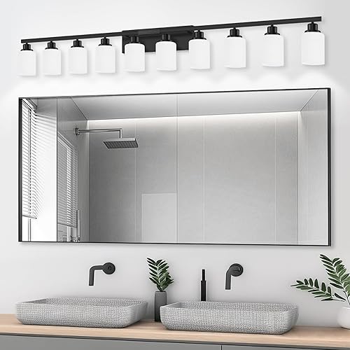 Miniatura 5 de 10 luces de tocador de baño sobre el espejo, 65.4 pulgadas, lámparas de tocador negras con pantallas de vidrio blanco mate negro moderno luces de