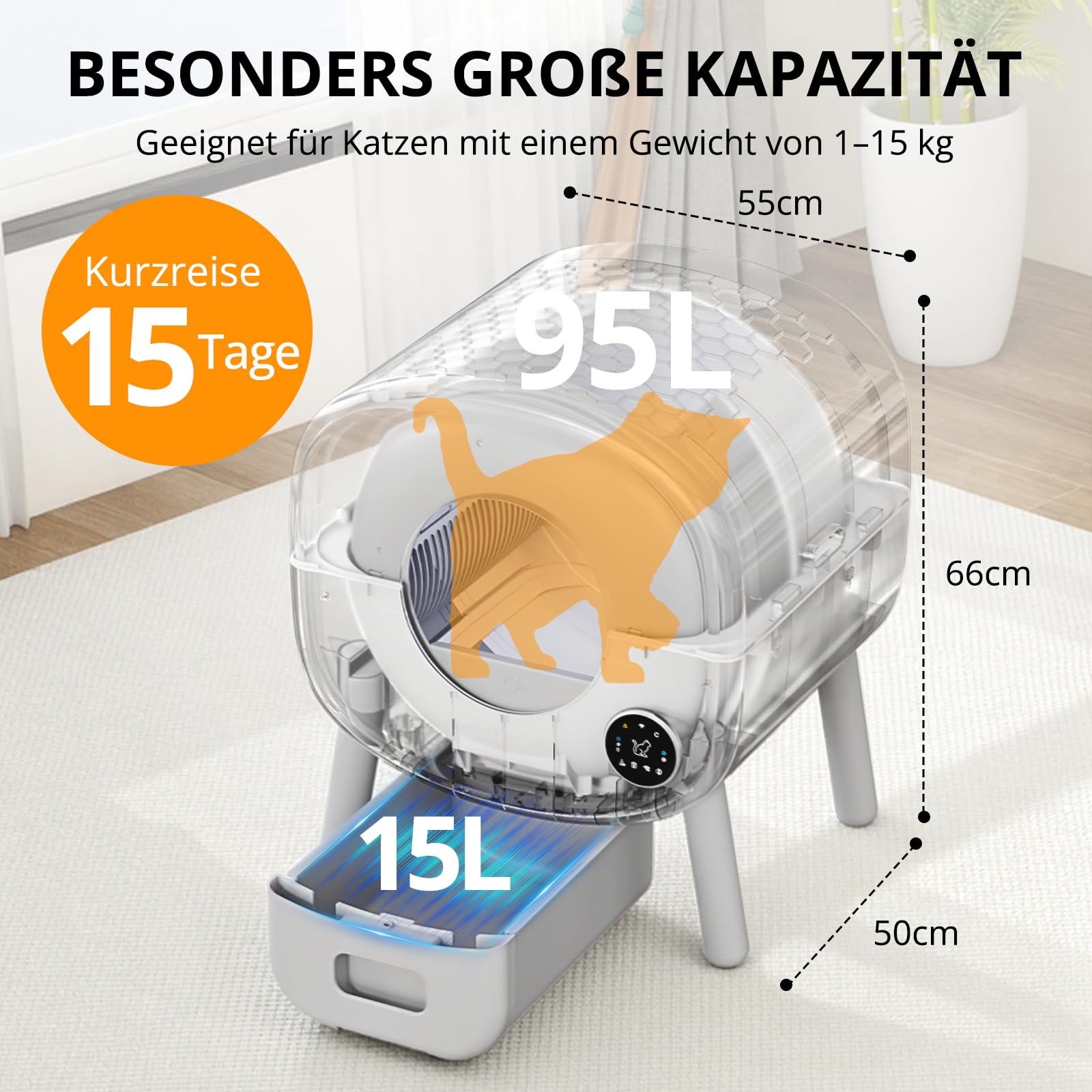 Selbstreinigende Katzentoilette XXL 95L – Automatische elektrische Katzenbox mit App-Steuerung – Große Kapazität – Inkl. Katzenstreumatte & 3 Rollen Auffangbeutel