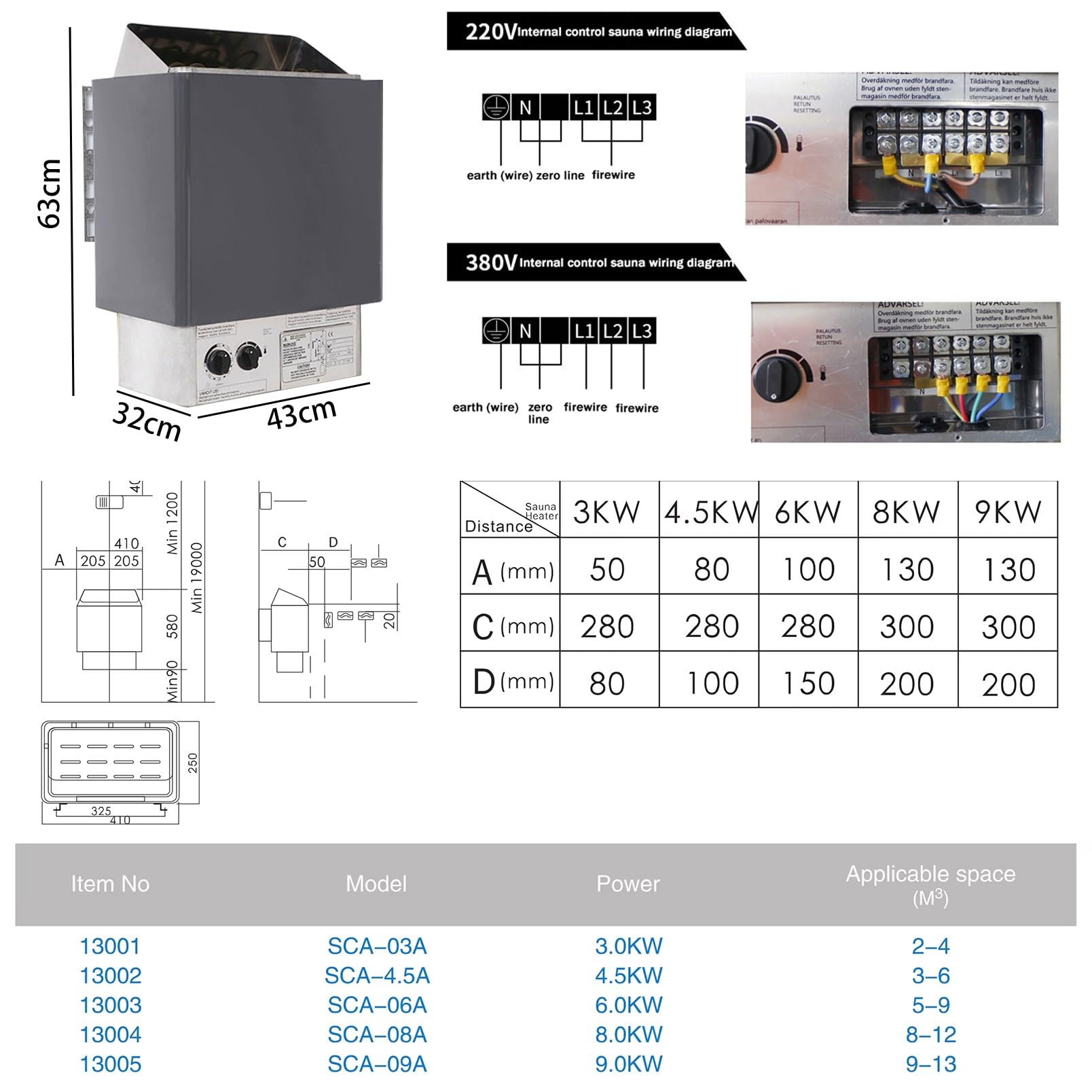 Stufa per Sauna a Vapore Secco, Stufa per Sauna, Stufa per Sauna a Vapore Secco, Attrezzatura per Bagno Turco, per palestre, Spa (9kw/380v)