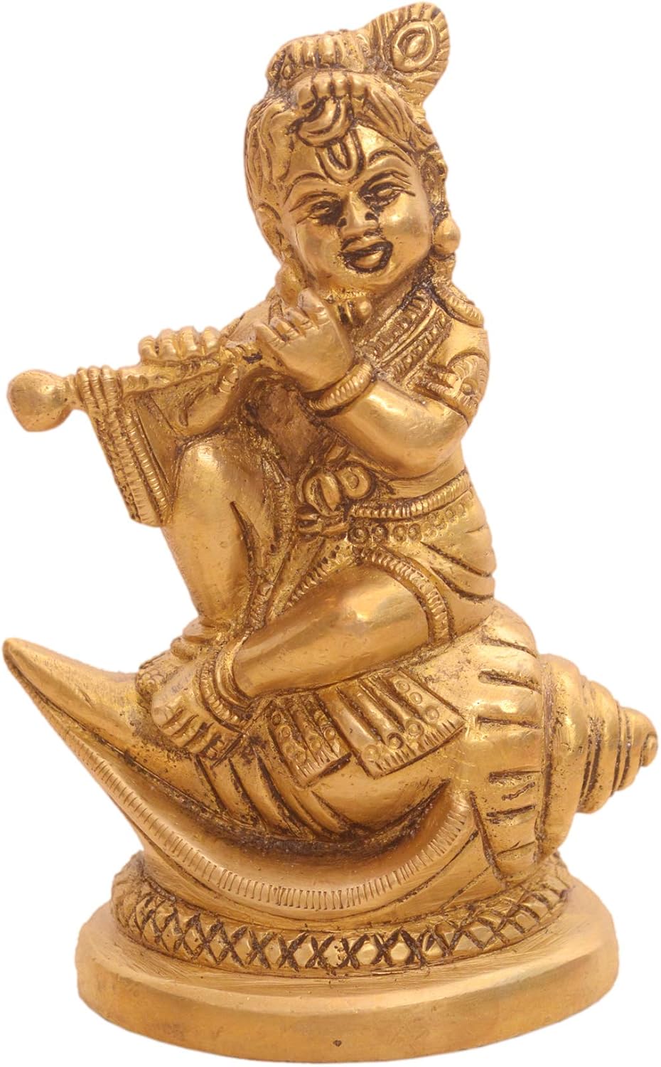 Purpledip Brass Krishna Statue: Bala Gopal Avatar Seated On Holy Conch Panchajanya Shankh (10920)
