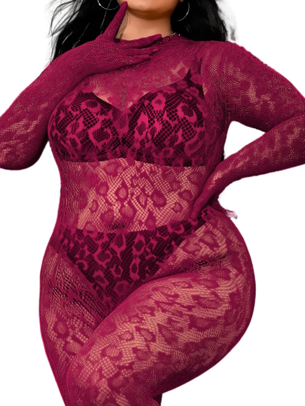 Plus Size Fishnet Bodysuit For Curvy Women, Full Leopard Body Stockings Rave Outfit, Sexy Lace Jumpsuit Festival Club